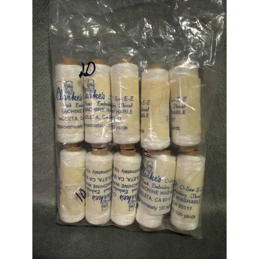 Vintage 80s 10 pc Punch Embroidery Thread Clarke's White Bag 10